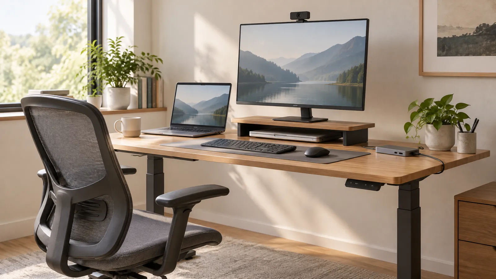 Scrivania regolabile in altezza con sedia ergonomica, laptop con tastiera e mouse esterni, webcam e dock USB-C, luce naturale da una finestra