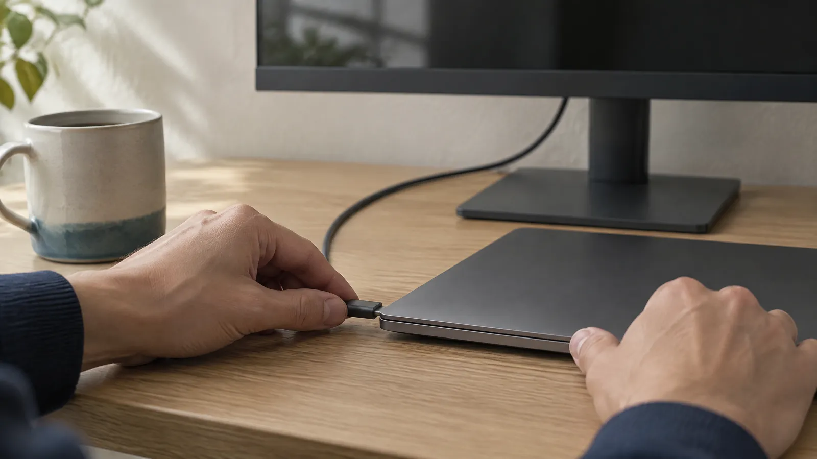 Una mano collega un singolo cavo USB-C al lato di un portatile chiuso, con il monitor sullo sfondo