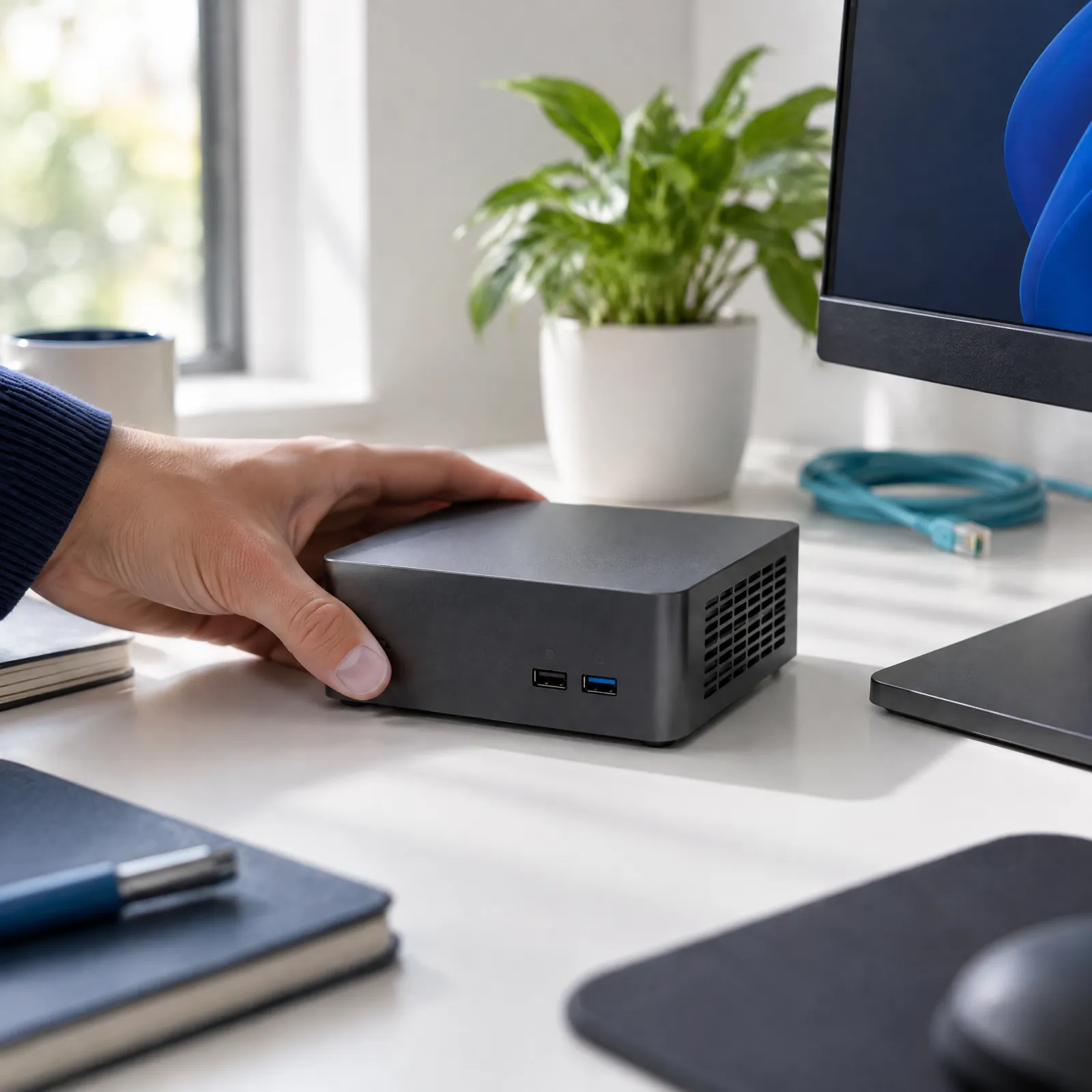 Mini PC compatto su una scrivania accanto al monitor