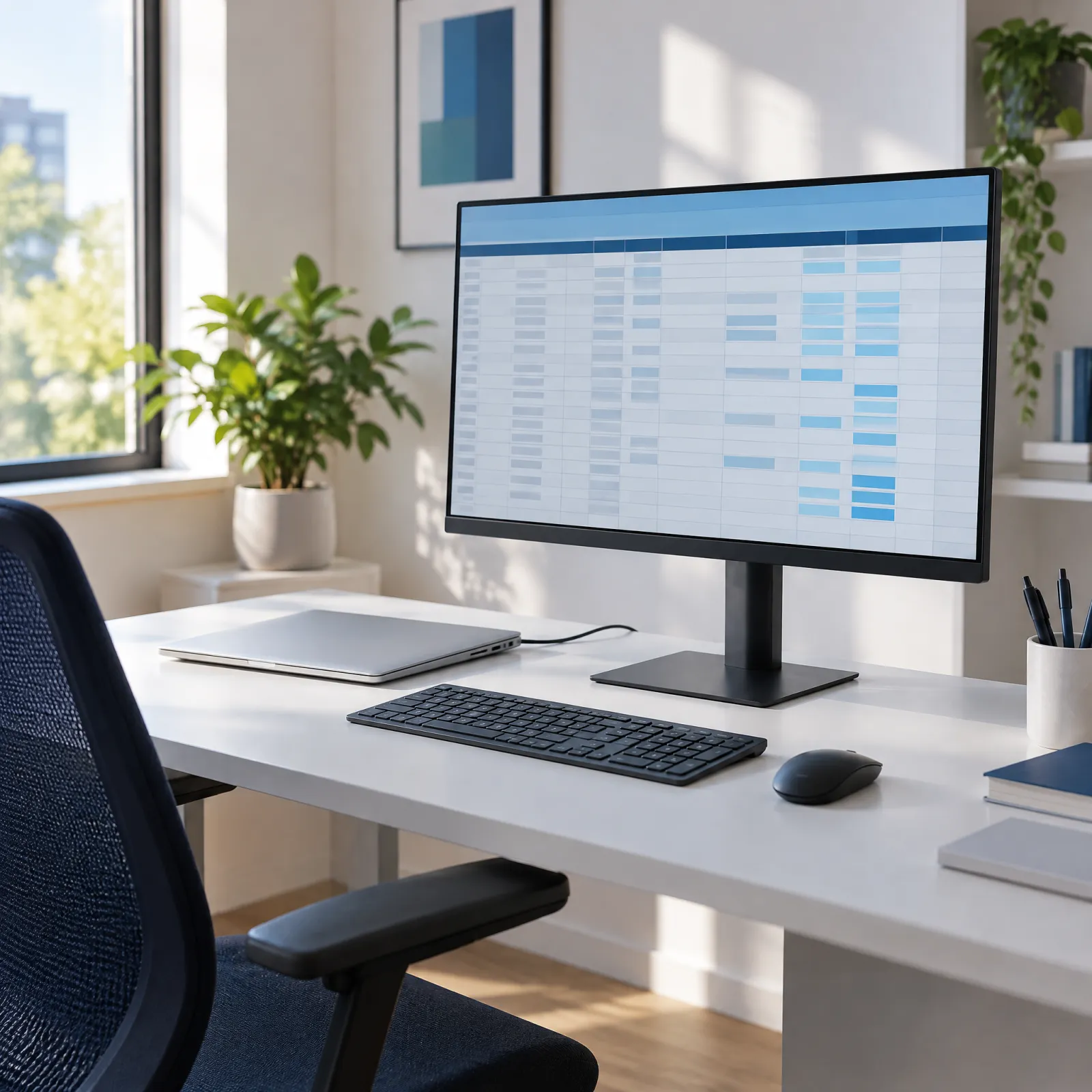 Monitor da ufficio regolabile in altezza collegato a un portatile con un solo cavo