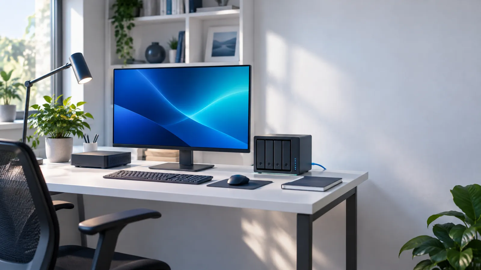Postazione di lavoro con mini PC, monitor e NAS su una scrivania luminosa
